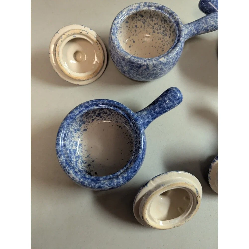 Vintage Bleu Co Gailst Blue Spongeware Lidded Soup Crocks - Set of 4 - Picture 14 of 15